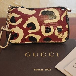 Gucci Red and Black Leopard Print Key Pouch